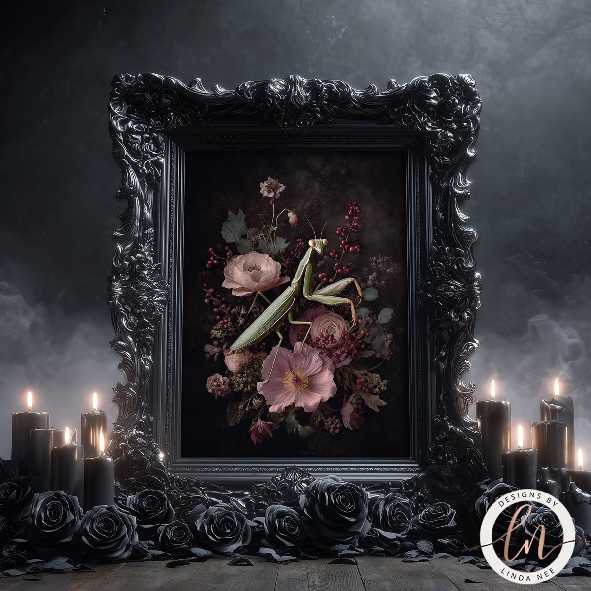 a dark, ornate frame with a floral arrangement of pink and white flowers, including a green praying mantis, set against a dark background. Surrounding the frame are candles and black roses, creating a mysterious and atmospheric scene.