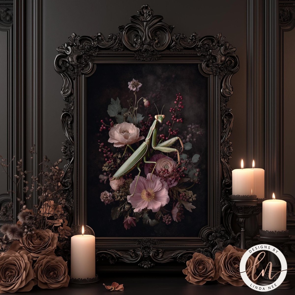 a dark, ornate frame with a floral painting of a mantis surrounded by pink and purple flowers. The frame is set against a dark background, and there are lit candles placed around the frame, creating a warm and inviting atmosphere.