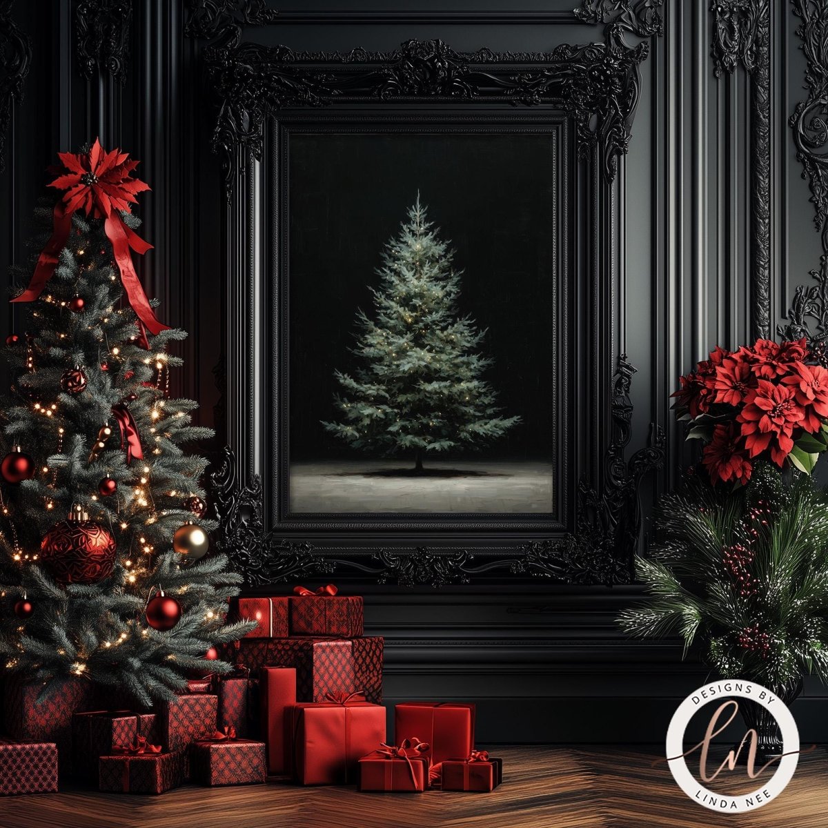 a beautifully decorated Christmas scene with a large framed picture of a Christmas tree in the center, surrounded by red and black presents and a potted plant.