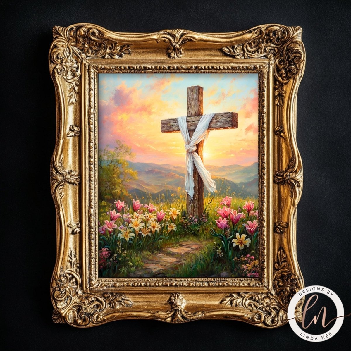 The image is a painting of a cross in a field with flowers, set against a backdrop of a sunset.