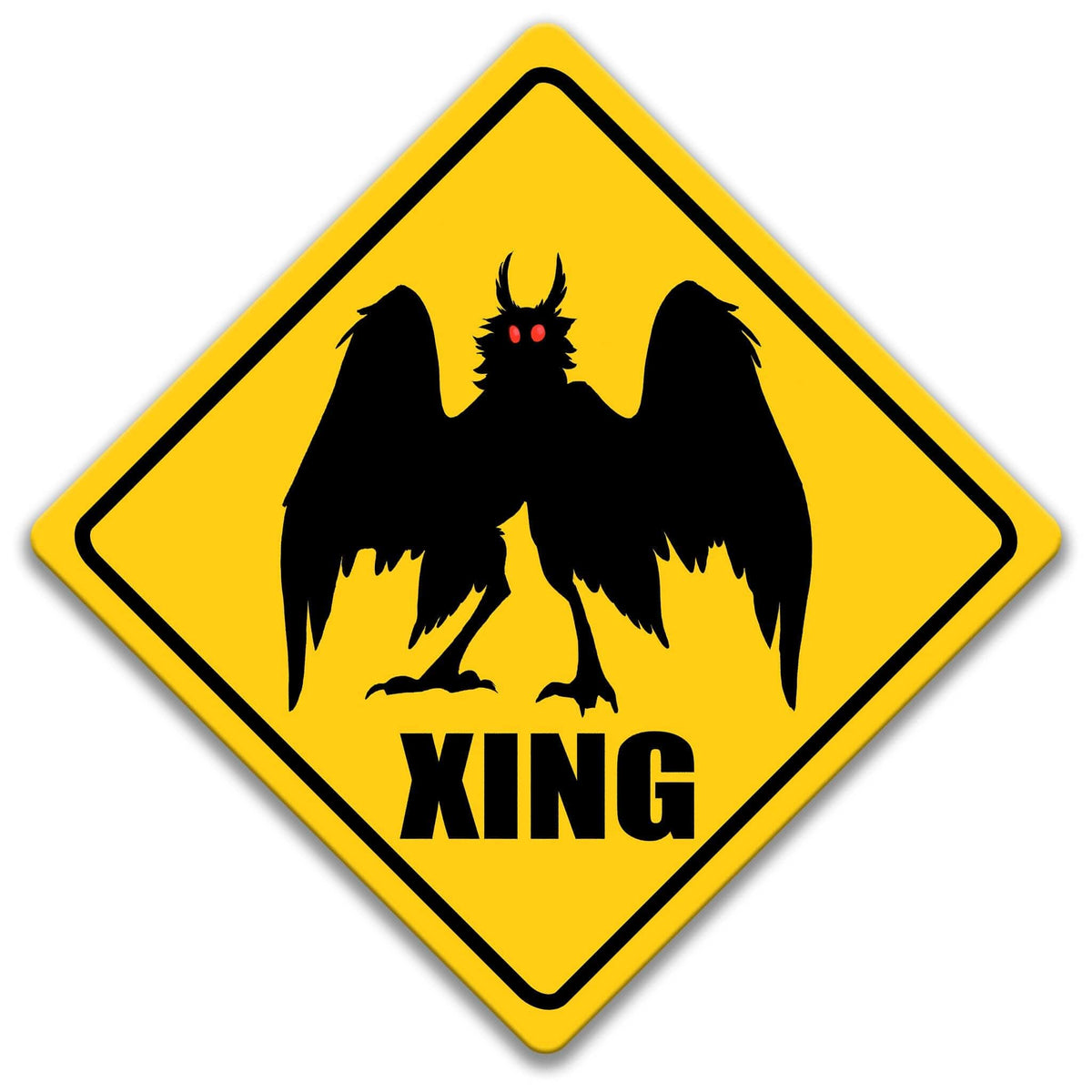 Mothman crossing caution sign, yellow diamond road sign with black Mothman silhouette and XING lettering