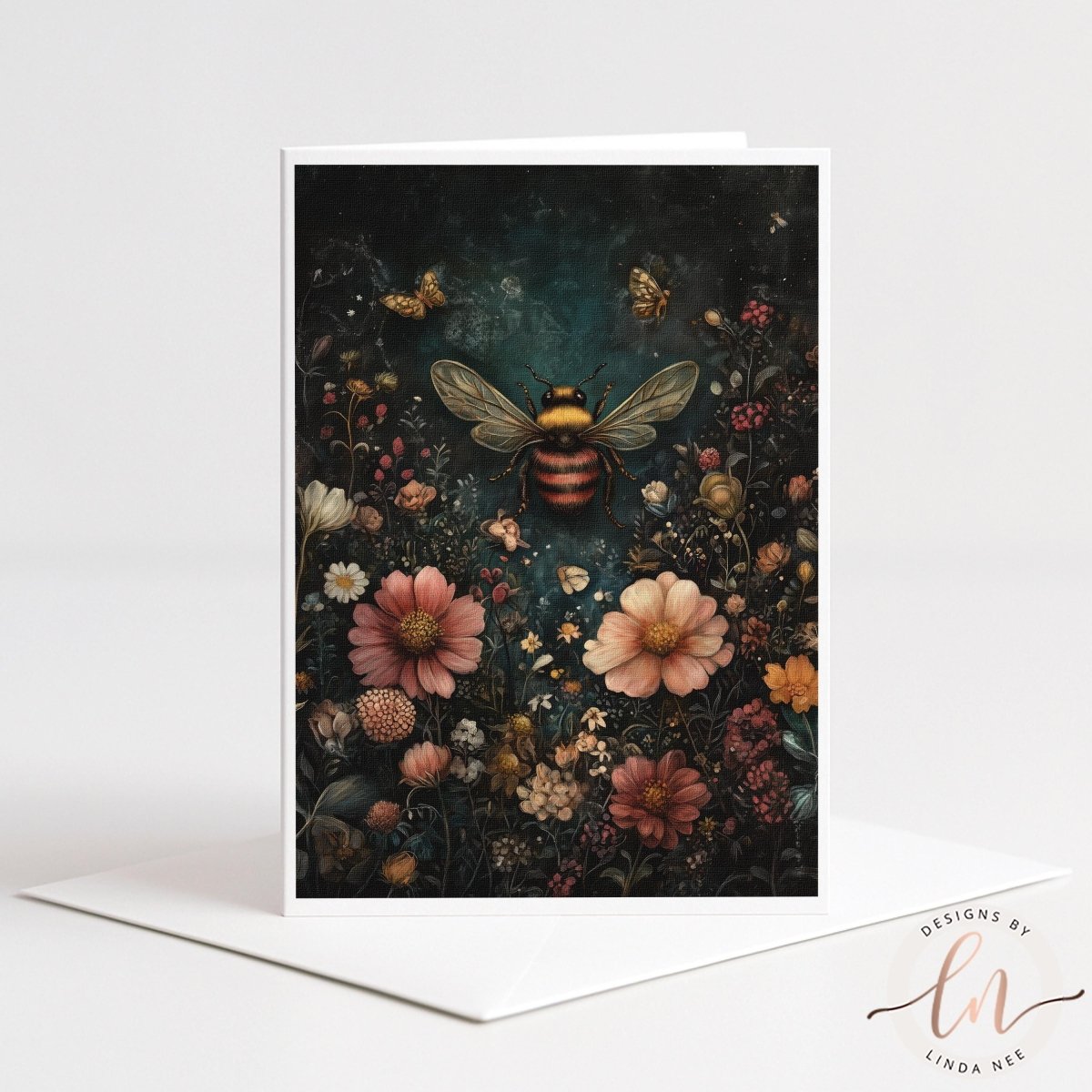 The image is a vibrant and detailed illustration of a bee surrounded by a lush, colorful garden filled with various flowers and plants.