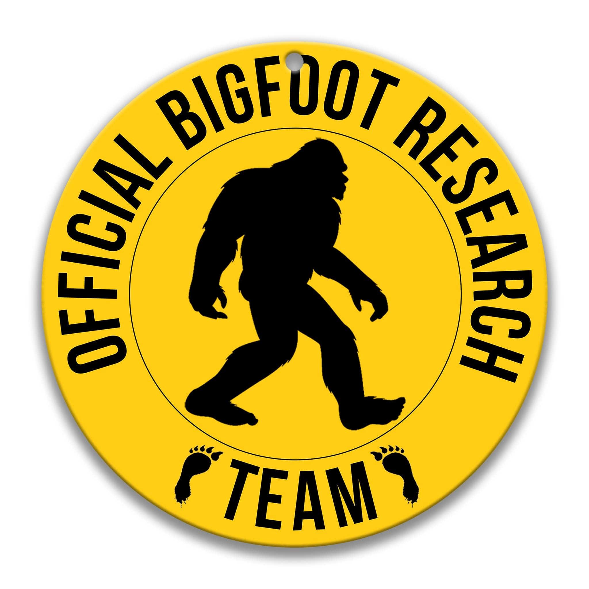 Official Bigfoot Research Team in Yellow Sasquatch Round Metal Sign