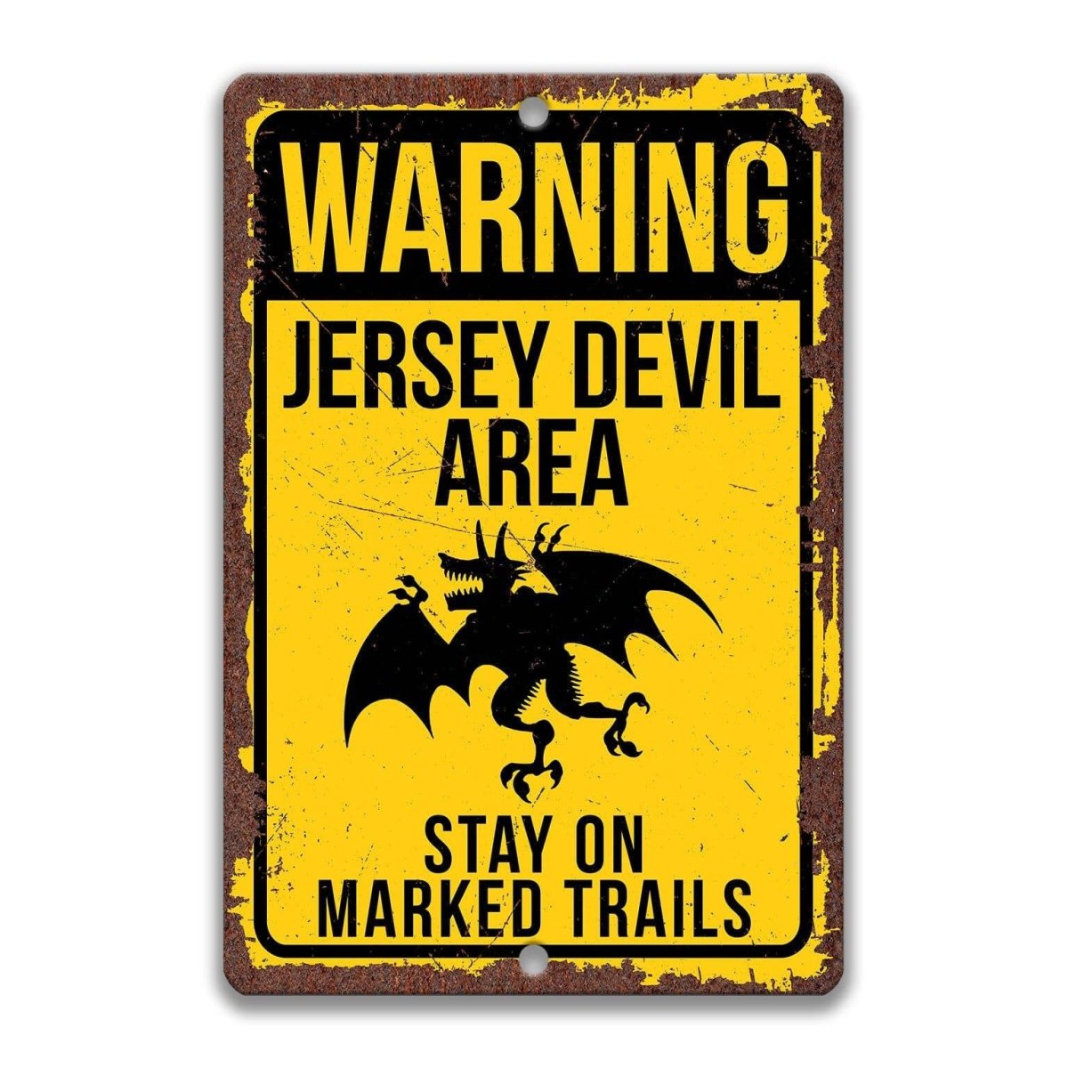 Official warning Jersey Devil metal sign, clean red and black finish, bold Jersey Devil silhouette with fair-warning messaging