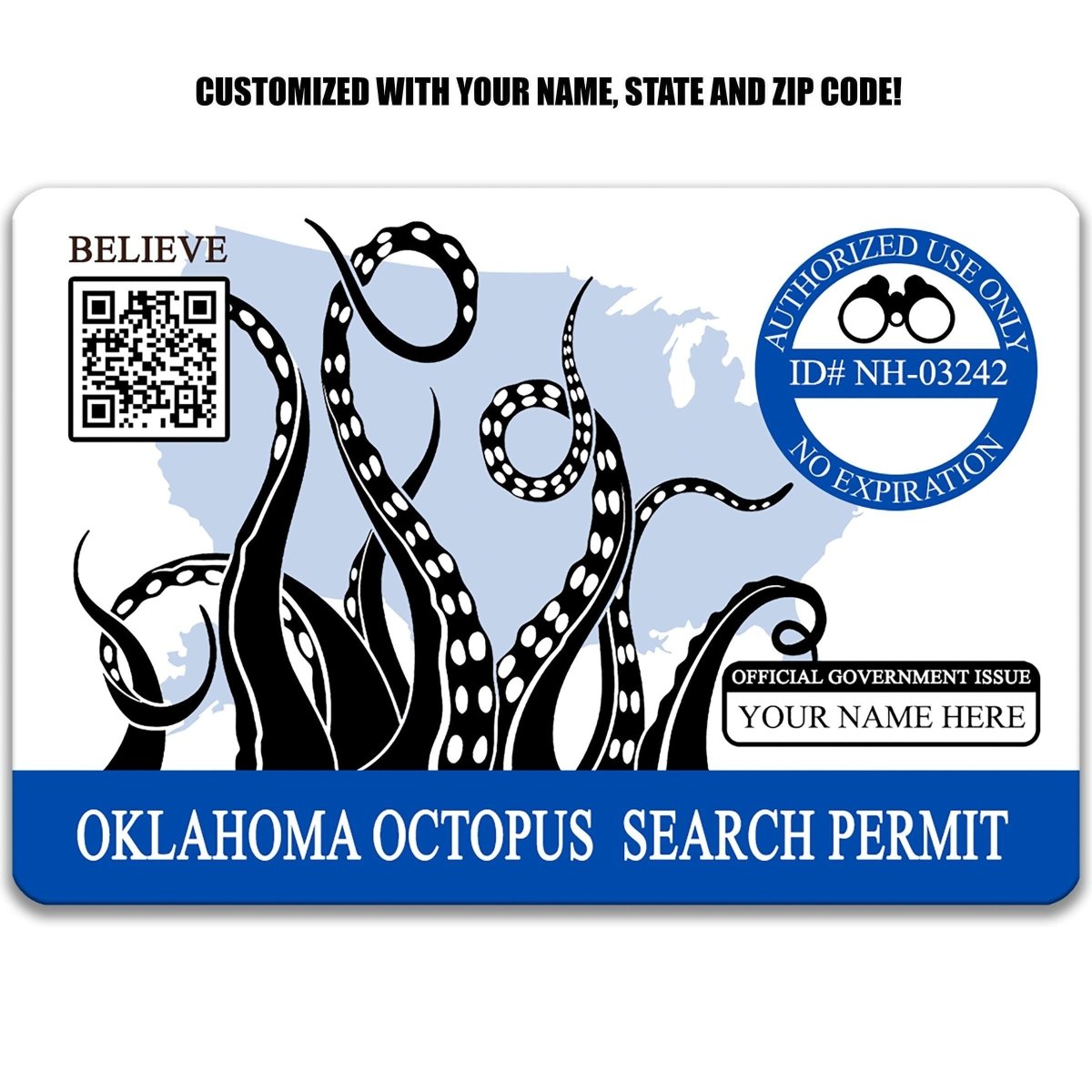 Oklahoma Octopus Permit Card, Personalized Lake Monster ID