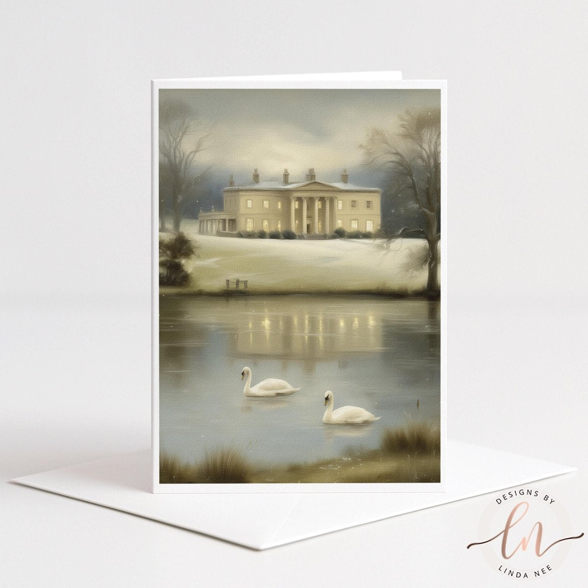 A painting of a large, ornate building reflected in a lake, with two swans swimming in the foreground.