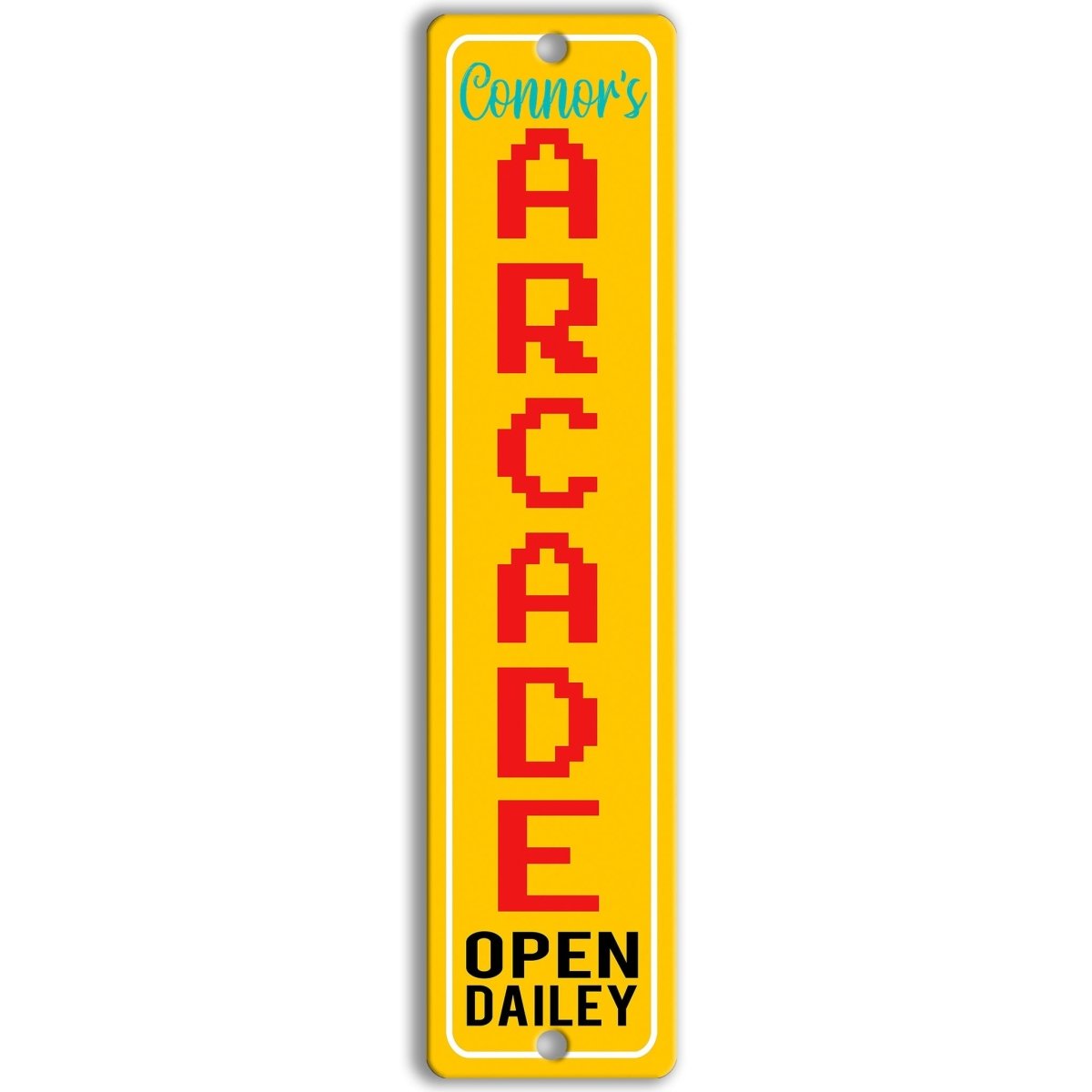 A yellow sign with the word "ARCADE" in large red letters, along with the text "OPEN DAILLEY" below it.