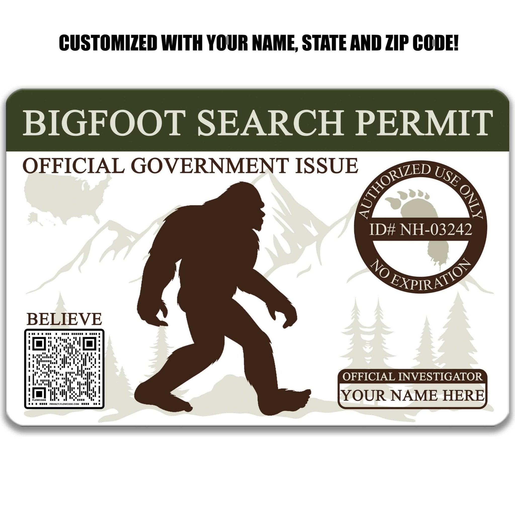 Personalized Bigfoot Search Permit, Metal Wallet Sized License, Hunting Permit, Sasquatch Gifts, Cryptozoological Enthusiasts