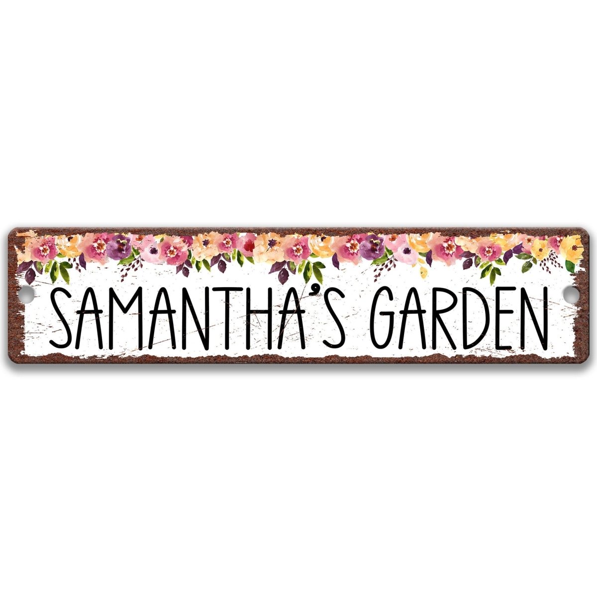 A rustic wooden sign with a floral border, displaying the text "SAMANTHA'S GARDEN" in a decorative font.