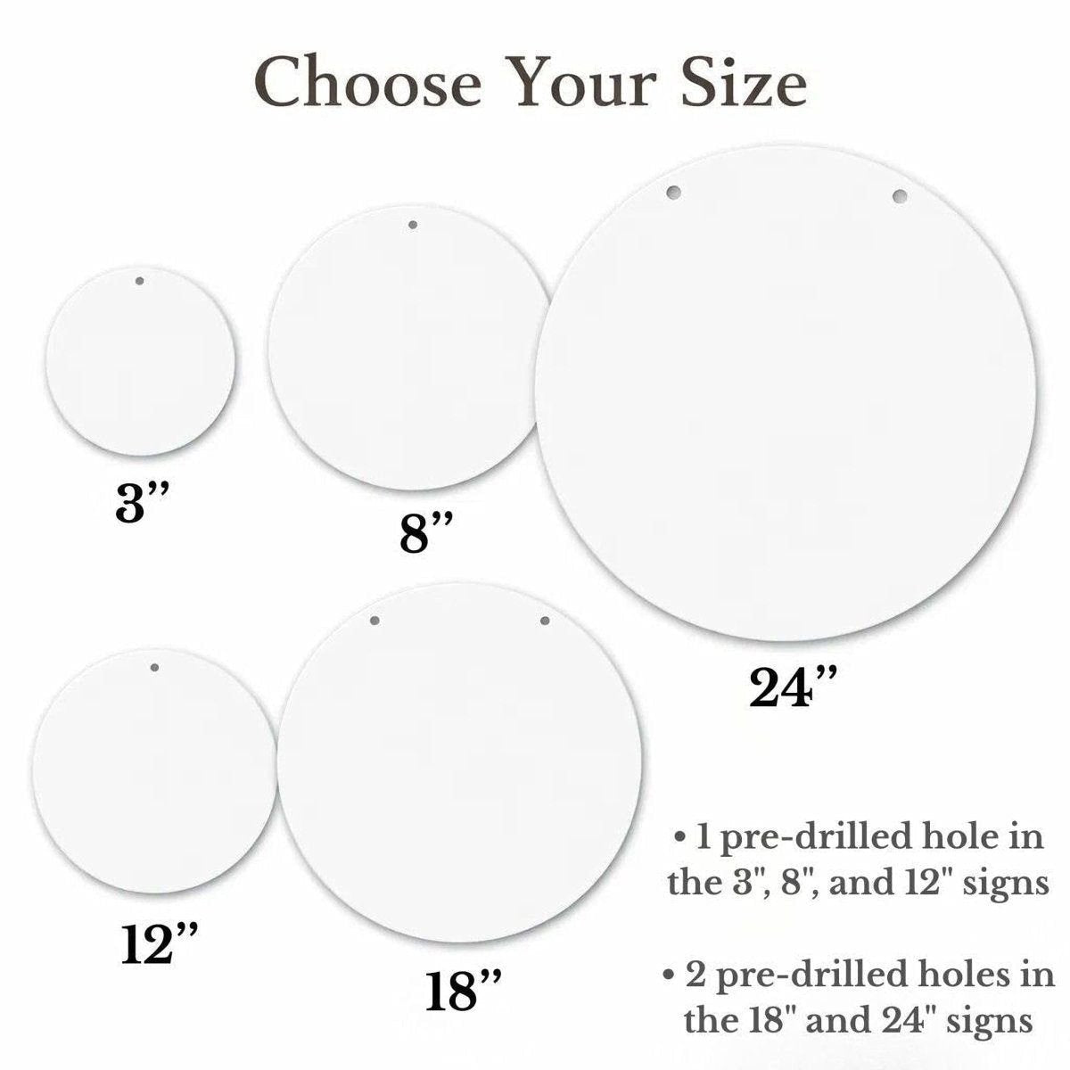 a collection of white circular shapes, each with a hole, ranging from 3" to 24" in diameter. The shapes are labeled with their corresponding hole size, and there are descriptions provided for the hole sizes.