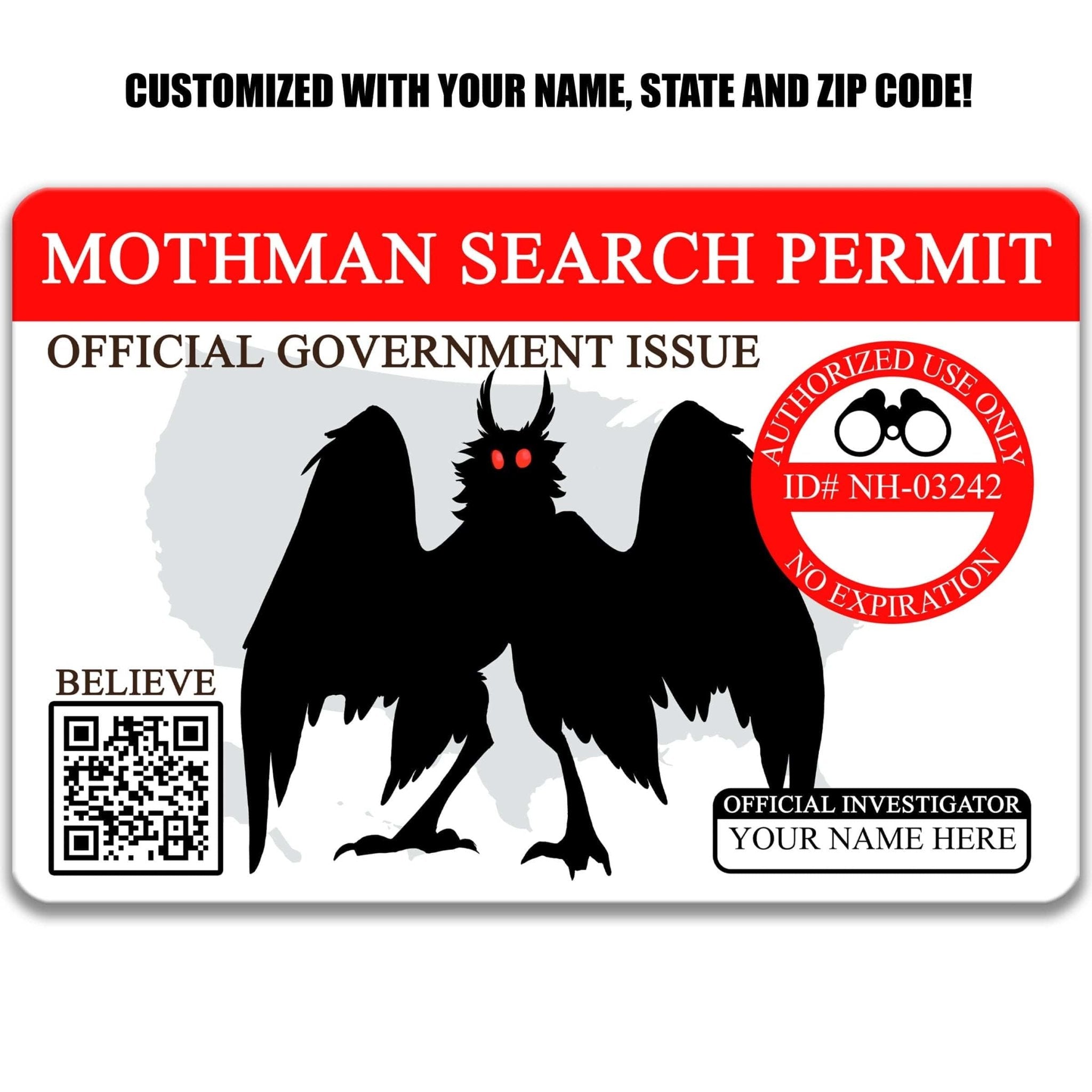 Personalized Mothman Search Permit, Metal Wallet Sized License, Cryptozoological Enthusiasts, Mothman Metal Business Card