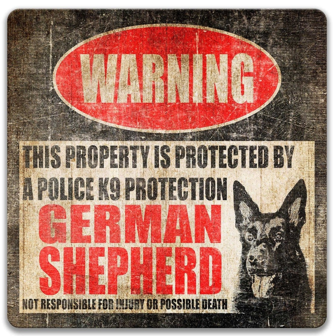 Vintage-style sign warning of a protected property with a German Shepherd, featuring a red and black color scheme.