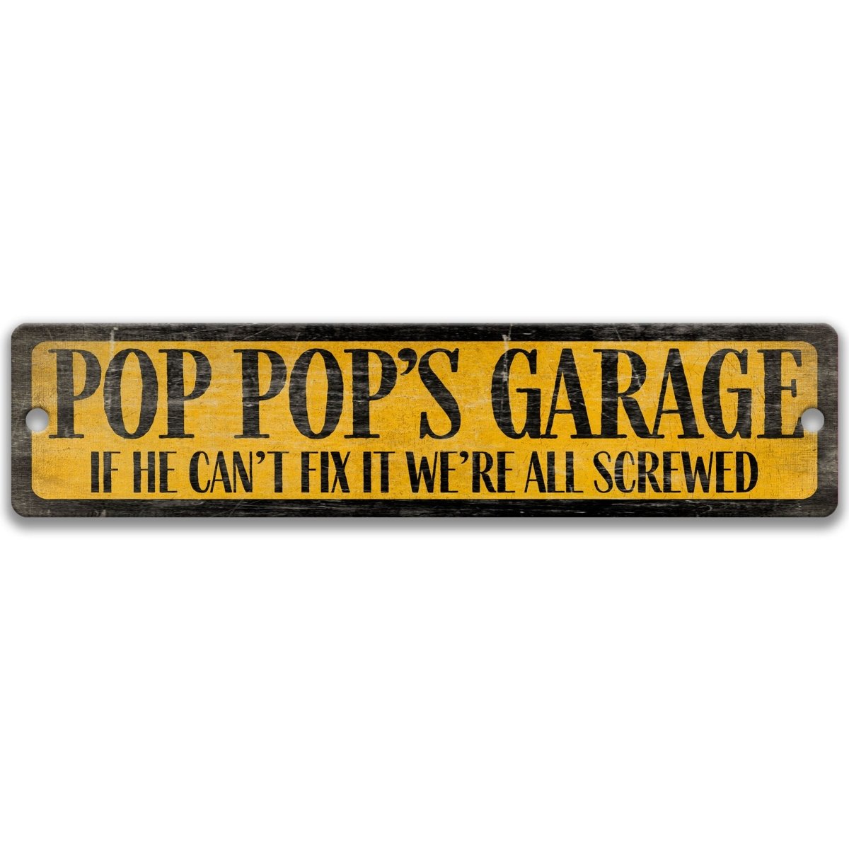 a sign with the text "POP POP'S GARAGE" in bold black letters on a yellow background.