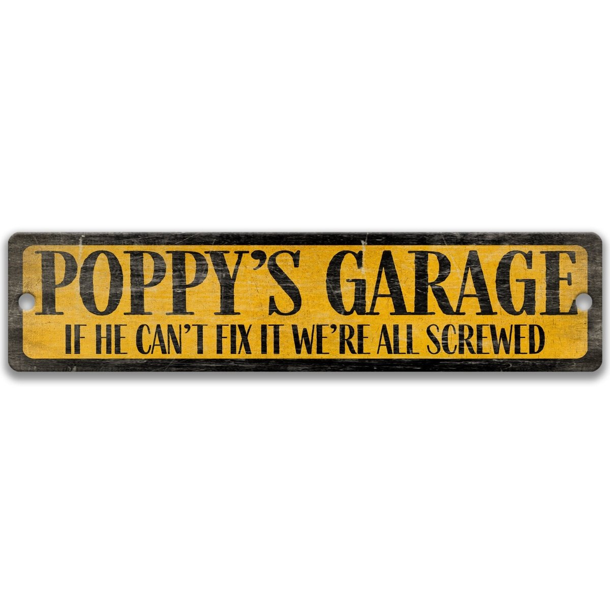 The image is a sign with the text "POPPY'S GARAGE" in black letters on a yellow background.