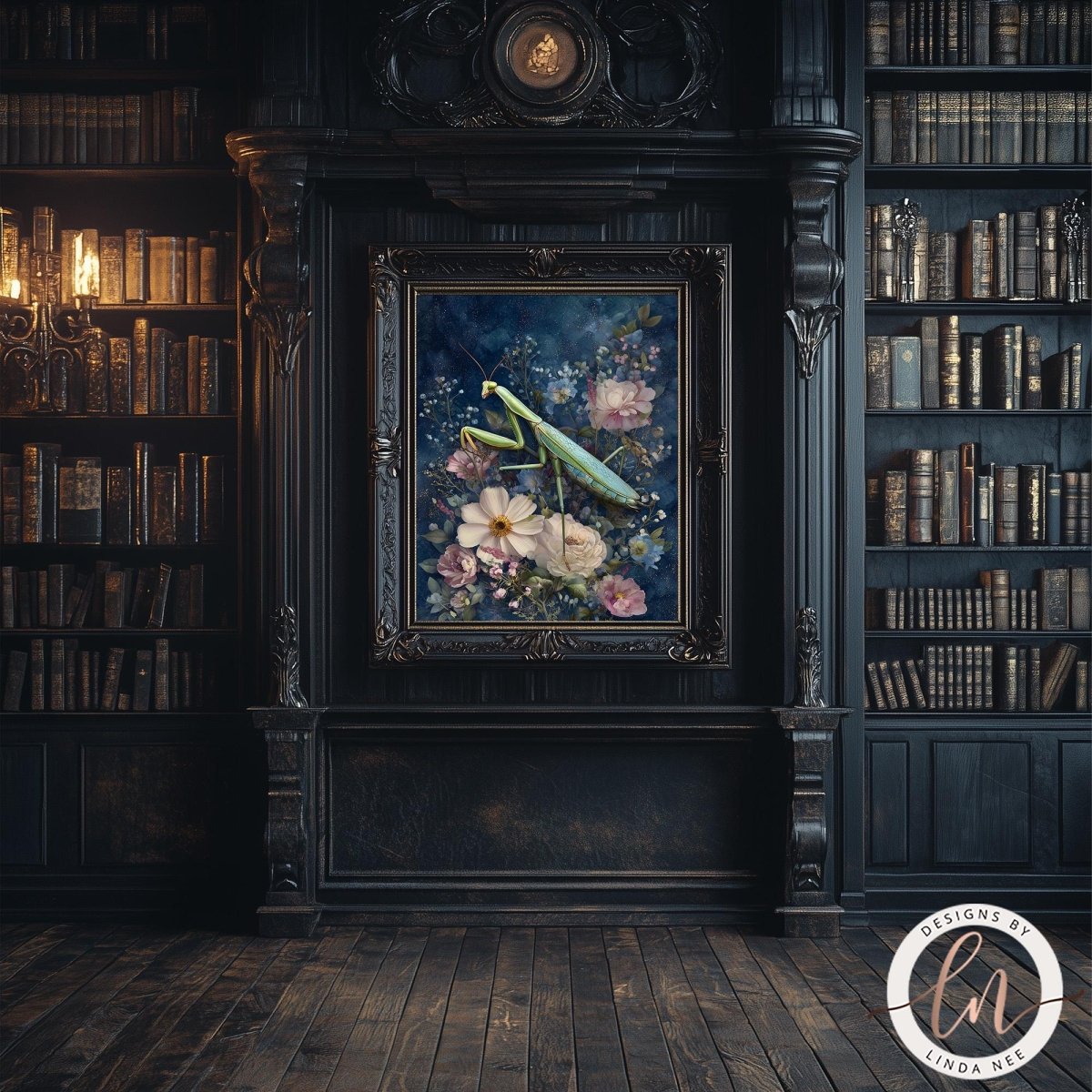 a dark, ornate room with a large painting of a praying mantis surrounded by flowers hanging on the wall. The room is filled with bookshelves, creating a cozy and intellectual atmosphere.