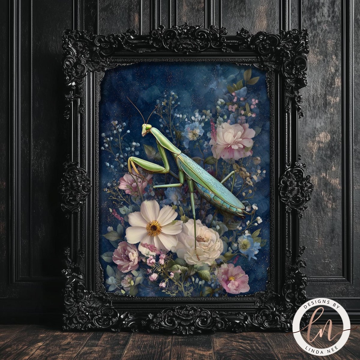A framed painting depicting a green praying mantis surrounded by a vibrant floral arrangement.