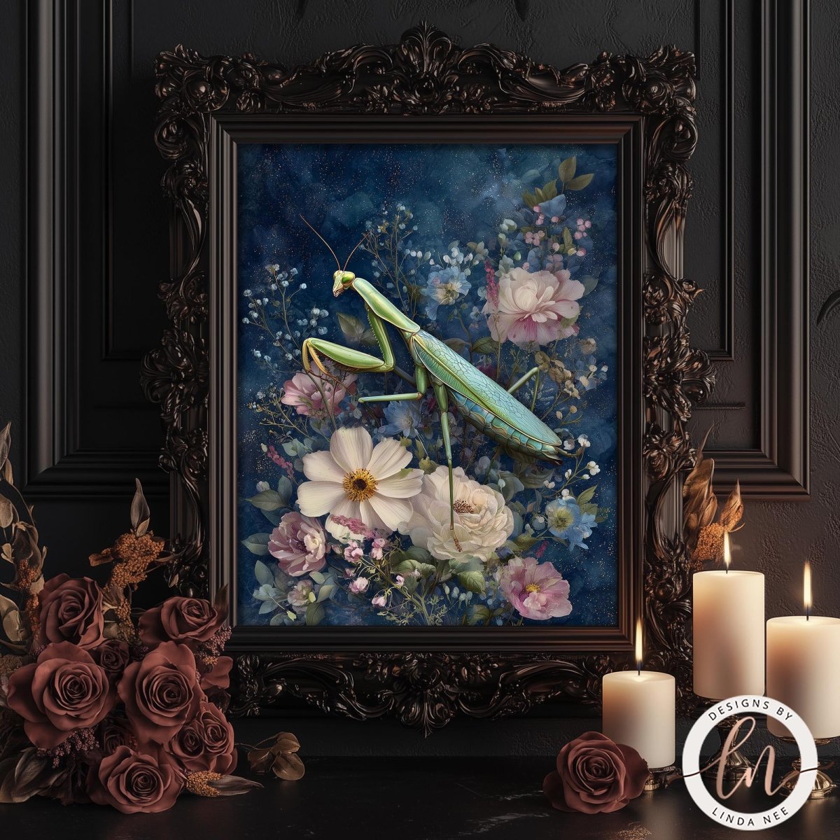 a framed painting of a green praying mantis surrounded by a vibrant floral arrangement, including white and pink flowers, against a dark blue background. The painting is displayed in an ornate wooden frame, and there are lit candles and a bouquet of roses arranged in the foreground.
