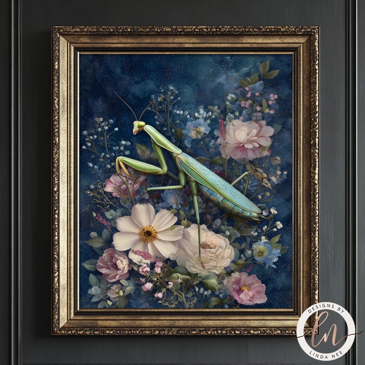 A framed painting depicting a praying mantis surrounded by a vibrant floral arrangement, including pink and white flowers, against a dark blue background.