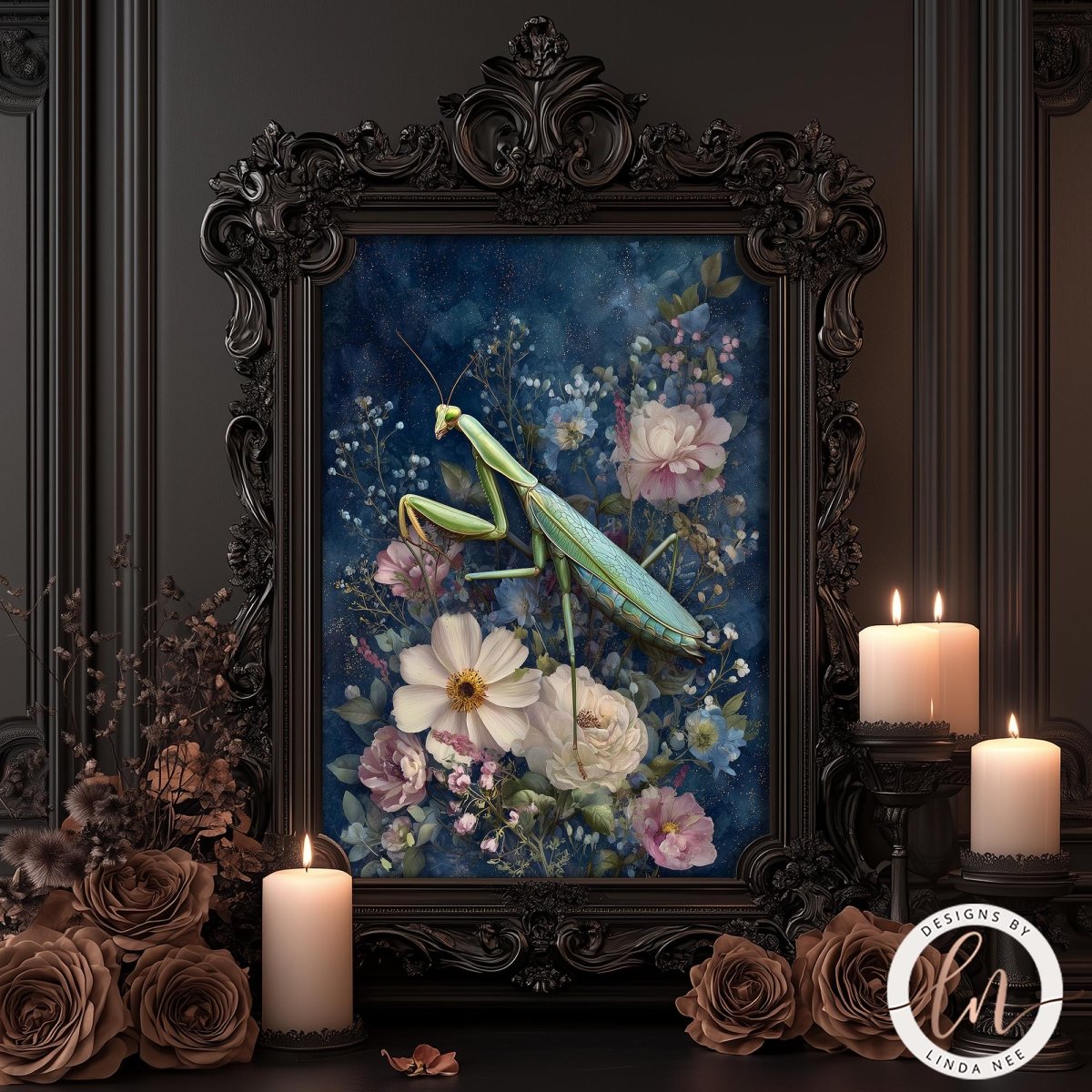 a framed painting of a green praying mantis surrounded by a floral arrangement, with candles and brown roses in the foreground.