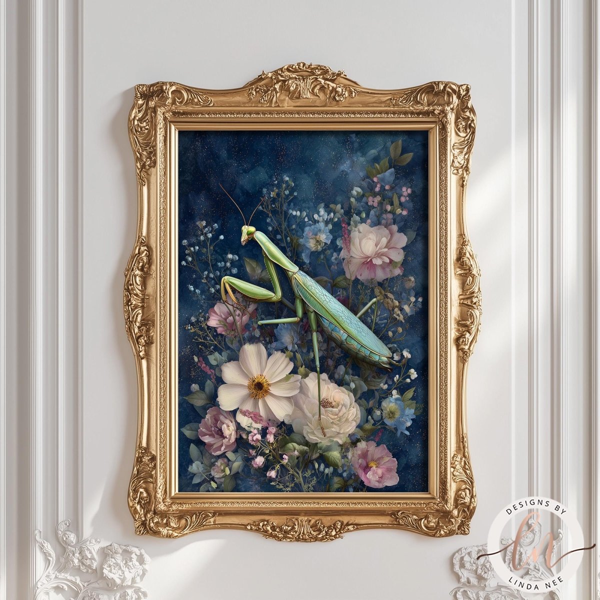 a framed painting of a green praying mantis surrounded by a variety of colorful flowers, including pink and white blooms, against a dark blue background.