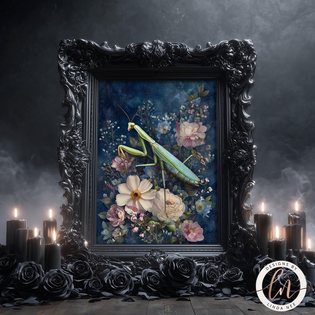 a framed painting of a praying mantis surrounded by a floral arrangement, with candles and rose petals scattered around the frame.