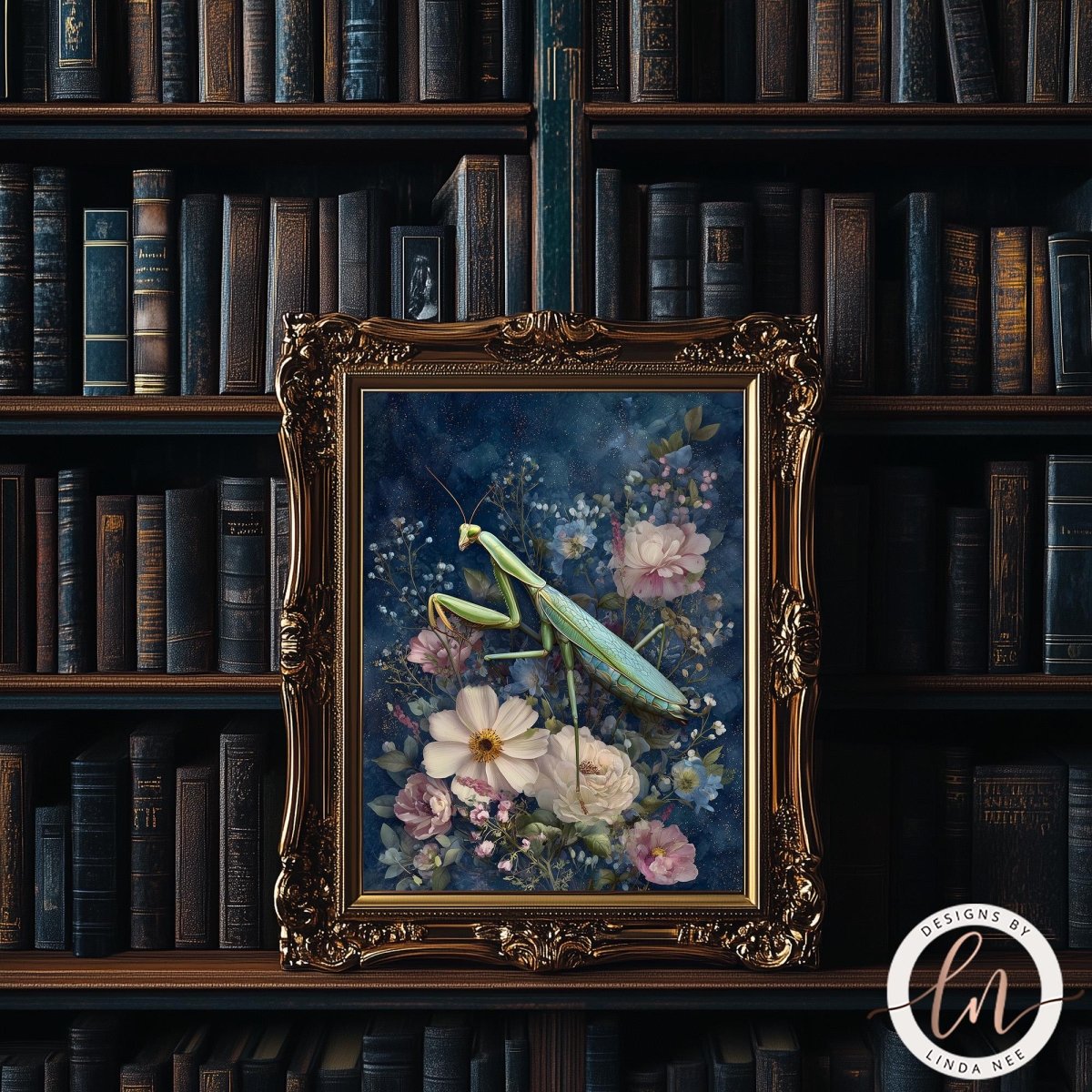 a framed painting of a praying mantis surrounded by flowers, set against a dark background with a bookshelf in the background.