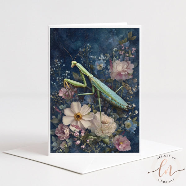 Praying Mantis Floral Greeting Card
