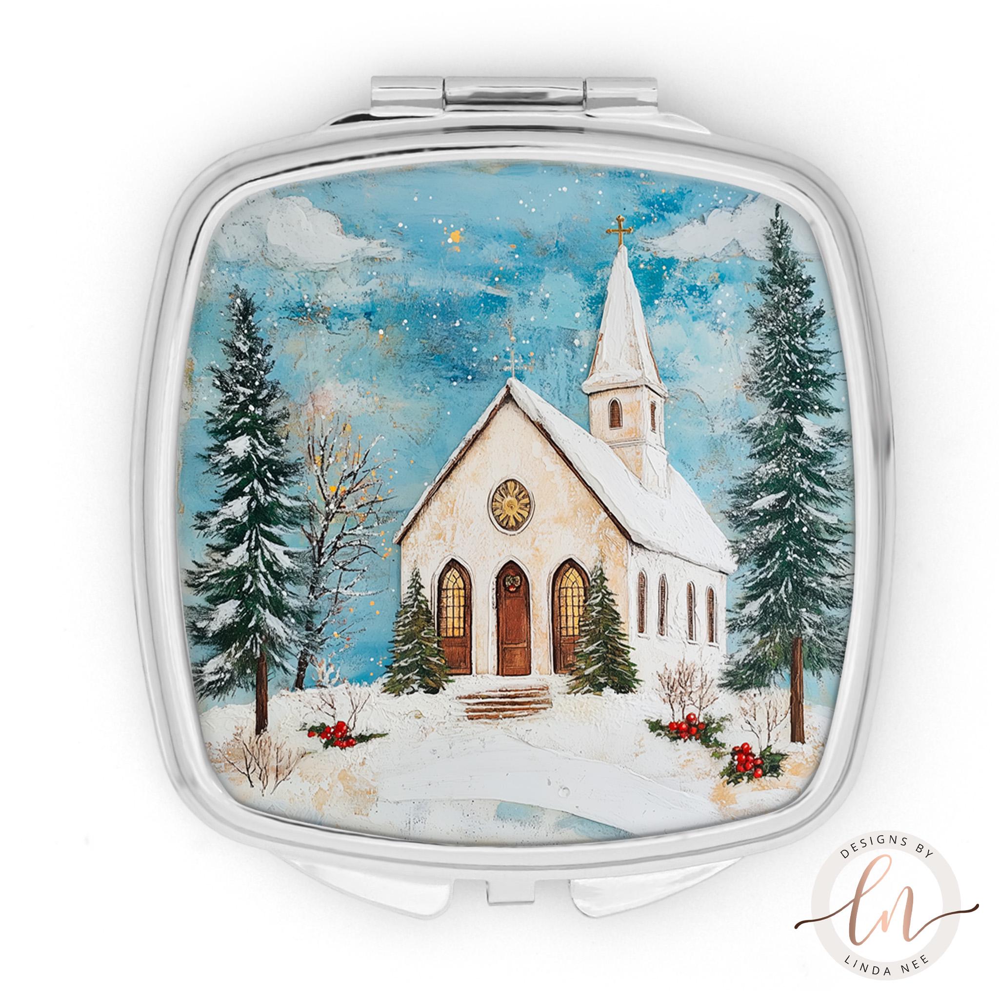 Primitive Church Compact Mirror - Christmas Christian GiftDesigns by Linda Nee