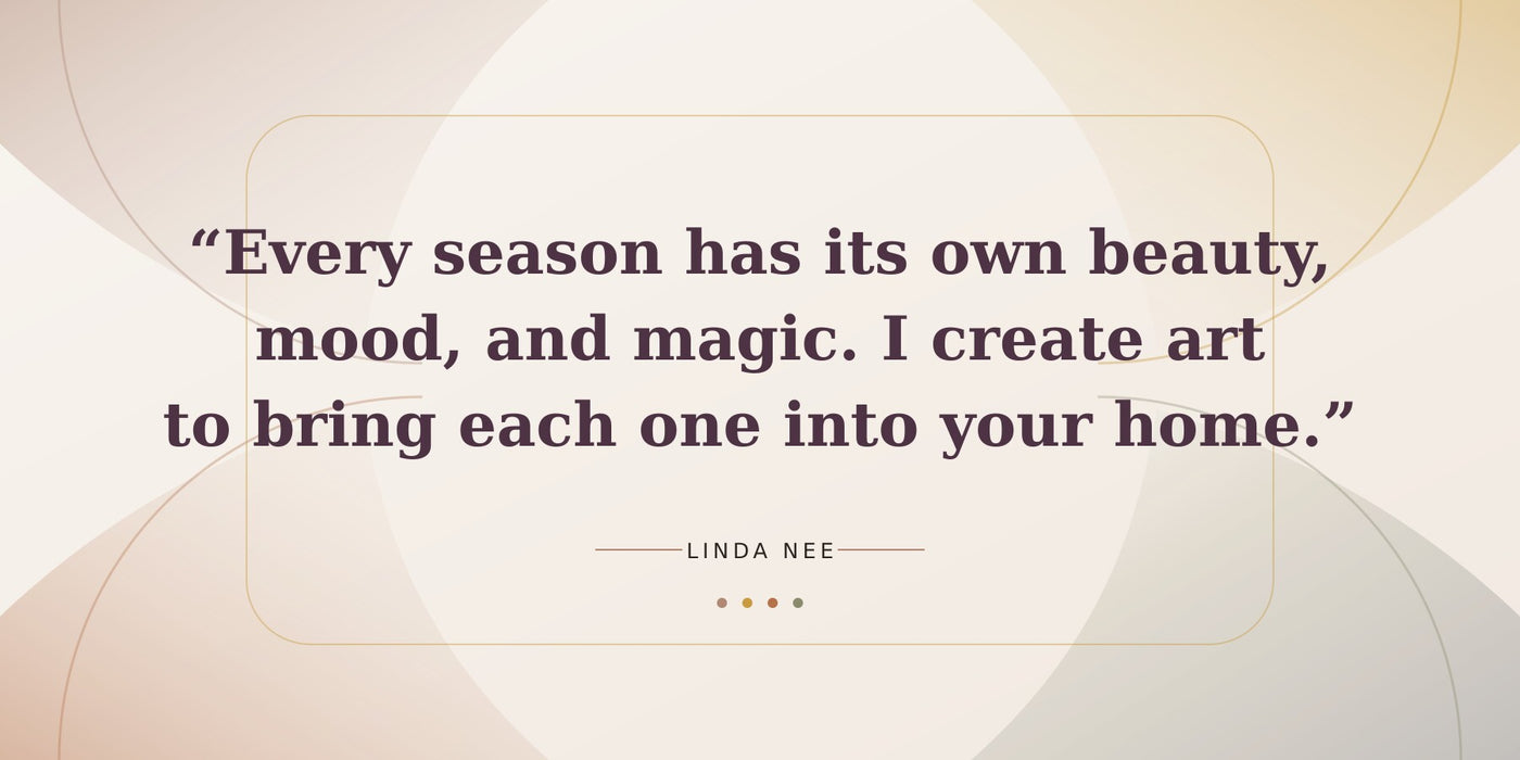 A quote by Linda Nee centered on a soft beige and cream abstract background. The text reads, “Every season has its own beauty, mood, and magic.