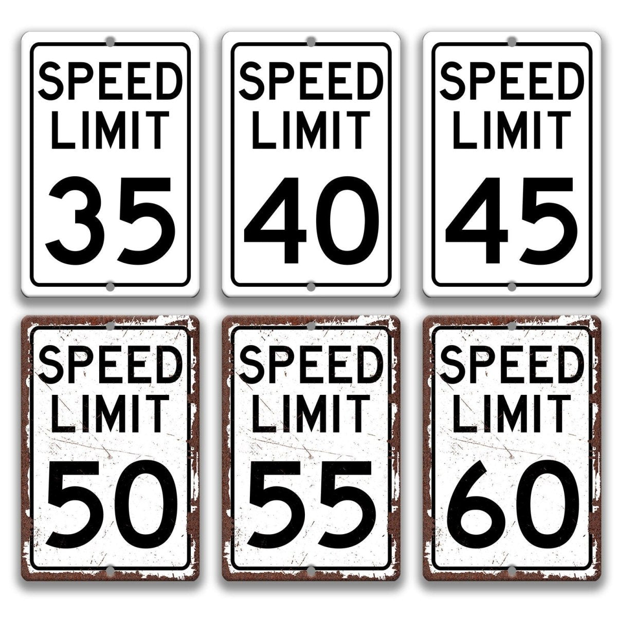 six different speed limit signs, each with a different number displayed.