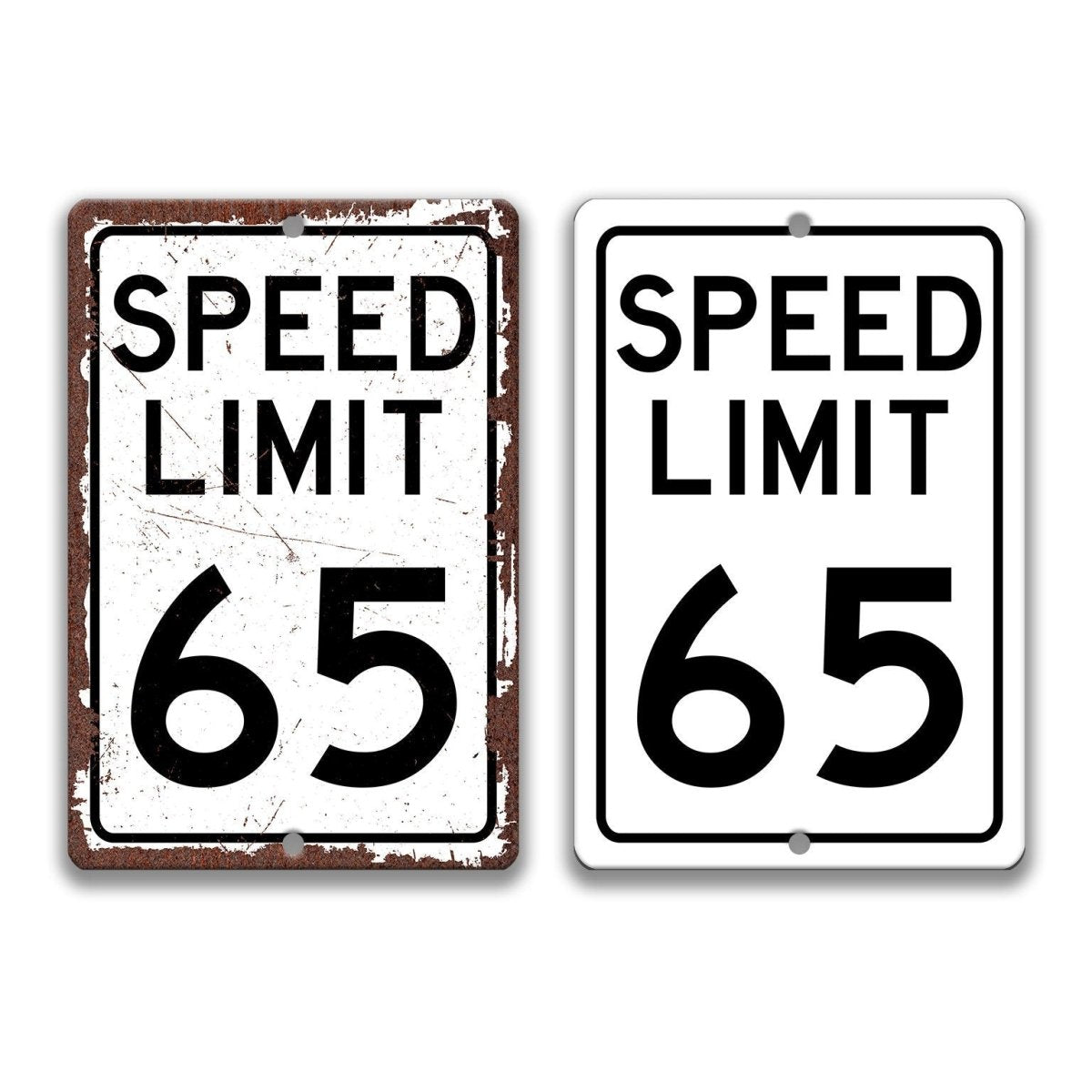 two speed limit signs, one with the number 65, one in clean style and another in rustic.