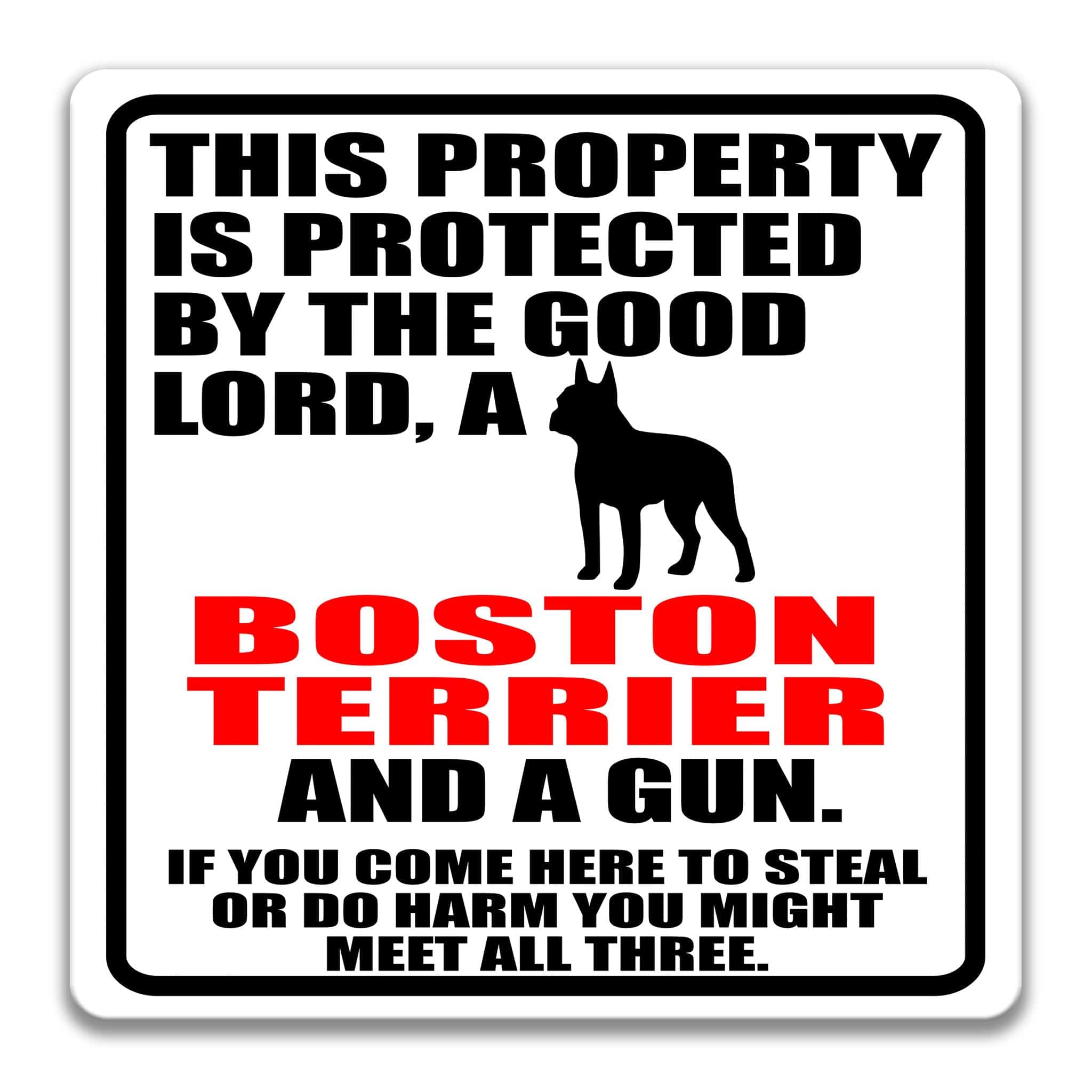 Property Protected by the Good Lord, a Boston Terrier, and a Gun Dog Sign