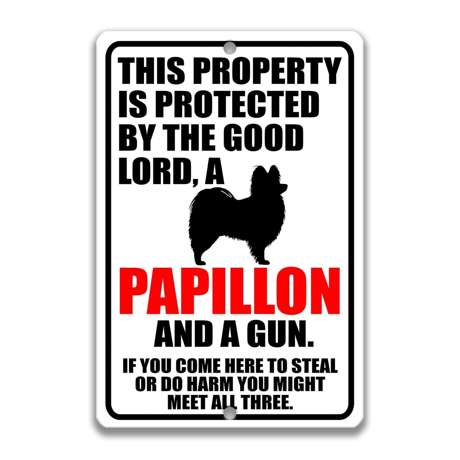 Property Protected by the Good Lord, a Papillon, and a Gun Dog Sign