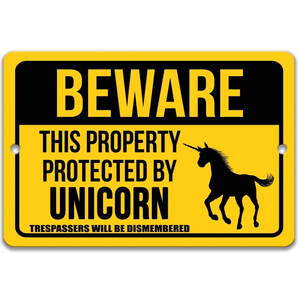 Protected by Unicorn yard sign, clean glossy finish, bold rearing unicorn silhouette and warning text
