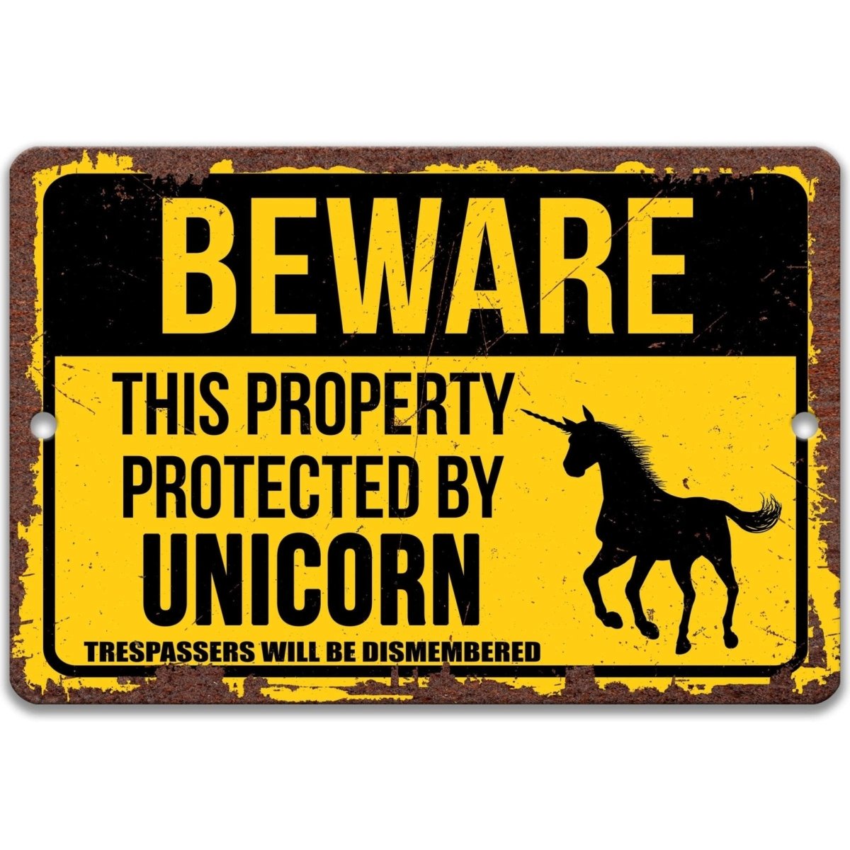 Protected by Unicorn yard sign, rustic weathered finish, bold rearing unicorn silhouette and warning text