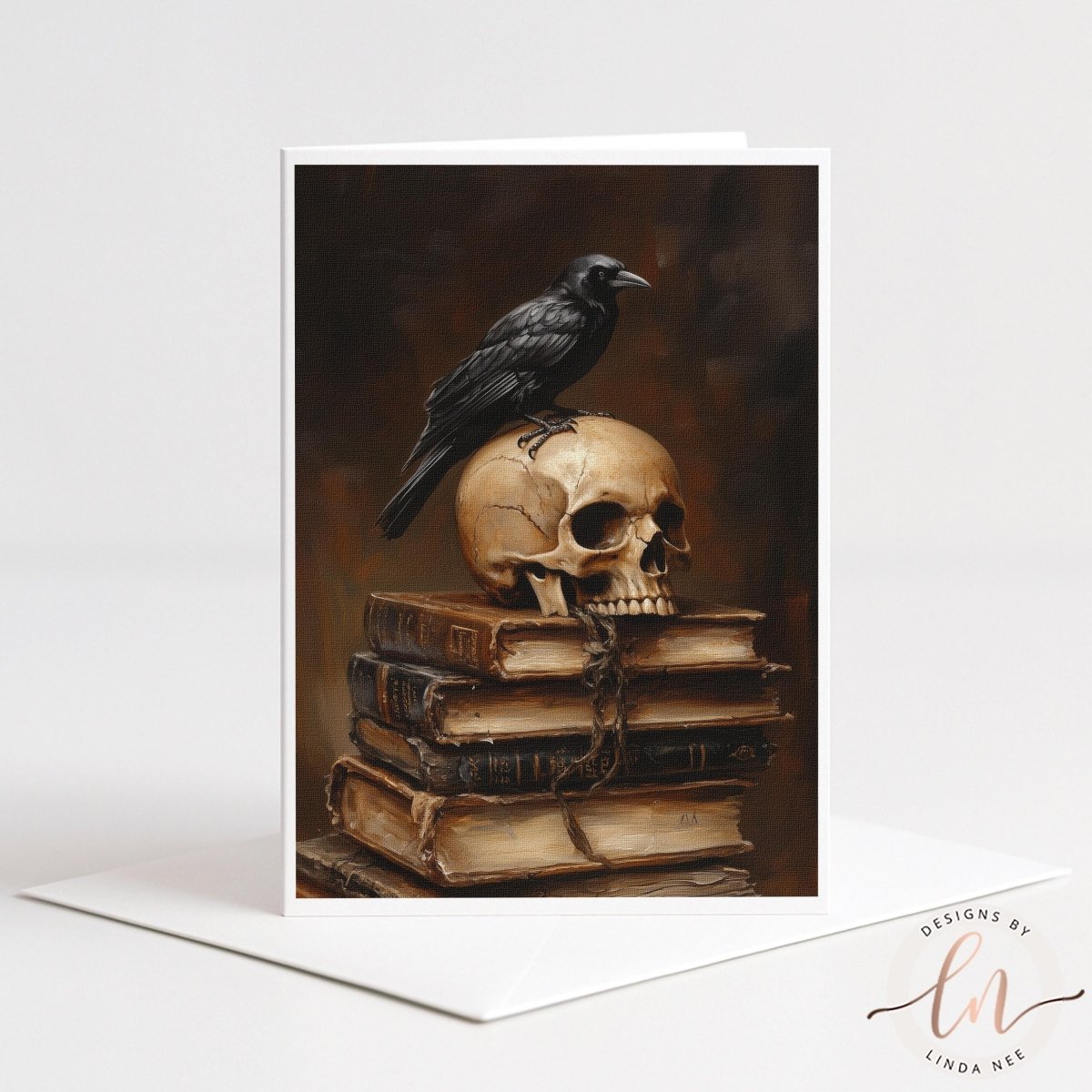 A black crow perches atop a stack of books, with a skull resting on top of the books.