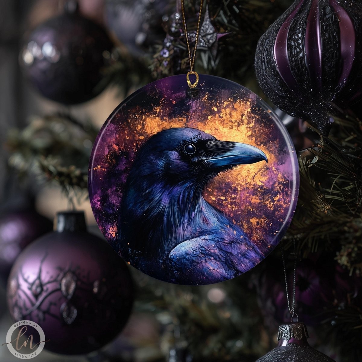 a close-up of a bird ornament hanging on a Christmas tree, surrounded by other ornaments.