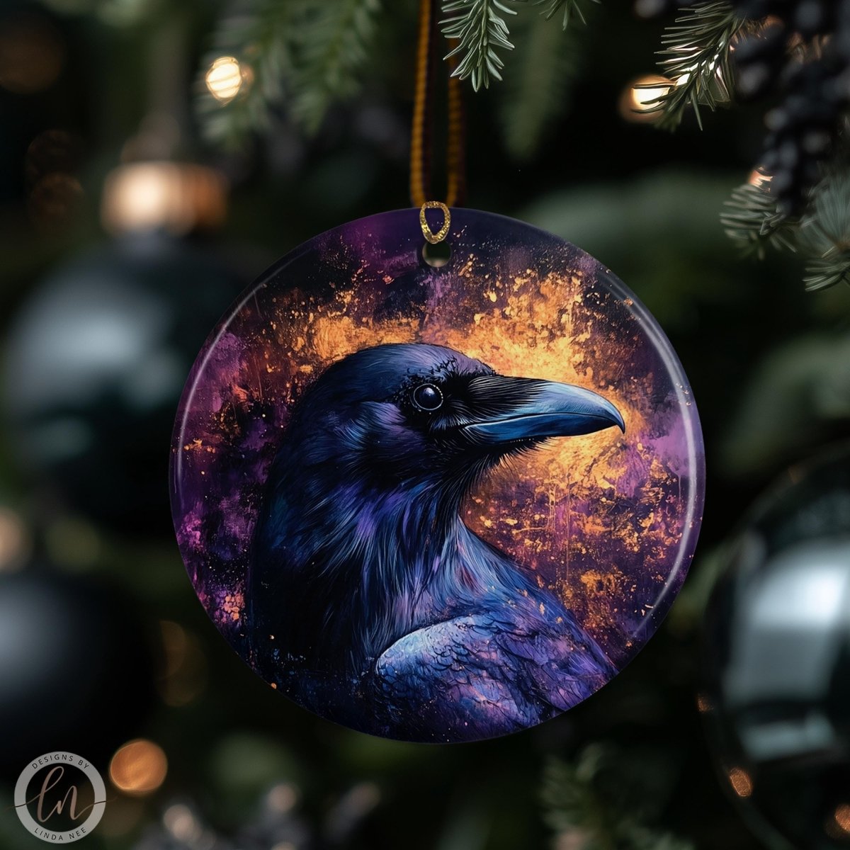 A close-up of a round ornament featuring a detailed illustration of a black bird with a blue beak, set against a colorful background.
