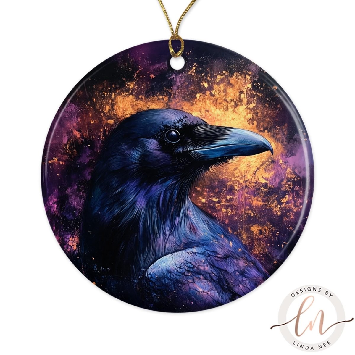 A close-up of a black bird with a blue beak, set against a vibrant purple and orange background.