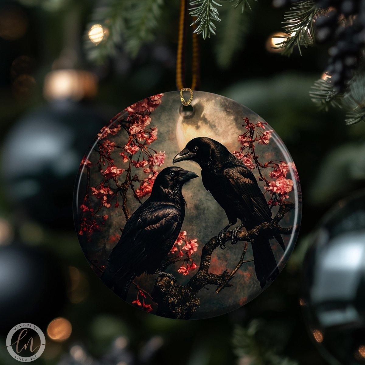 A black bird perched on a branch with pink flowers, as depicted in the image.