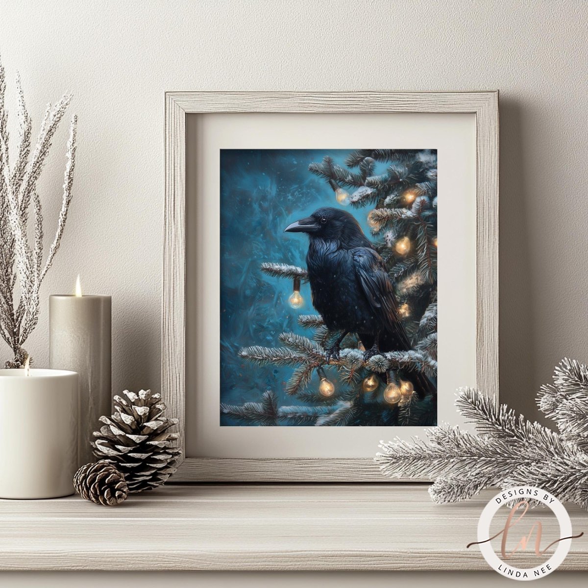 A framed image of a black crow perched on a branch of a Christmas tree, with twinkling lights adorning the tree.