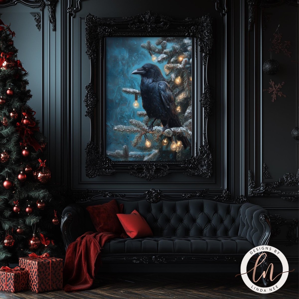 a black and red color scheme with a large framed painting of a black crow perched on a snowy branch, surrounded by Christmas decorations. The painting is hung on a dark wall above a black couch with red pillows.