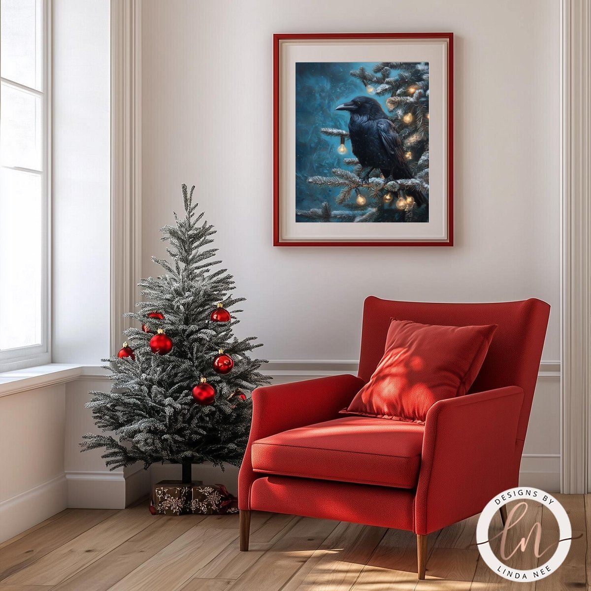 a cozy living room with a small Christmas tree adorned with red ornaments, a red armchair, and a framed painting of a black crow perched on a branch with twinkling lights.