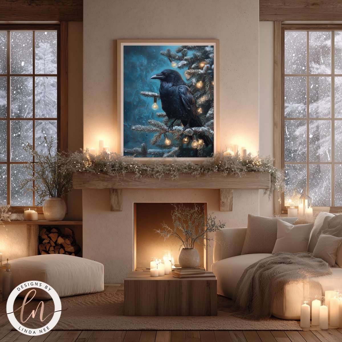 a cozy living room with a fireplace, a large framed painting of a black bird perched on a branch, and a wooden coffee table with candles. The room is decorated with a wreath, and there are several windows with white curtains that allow natural light to enter the space.
