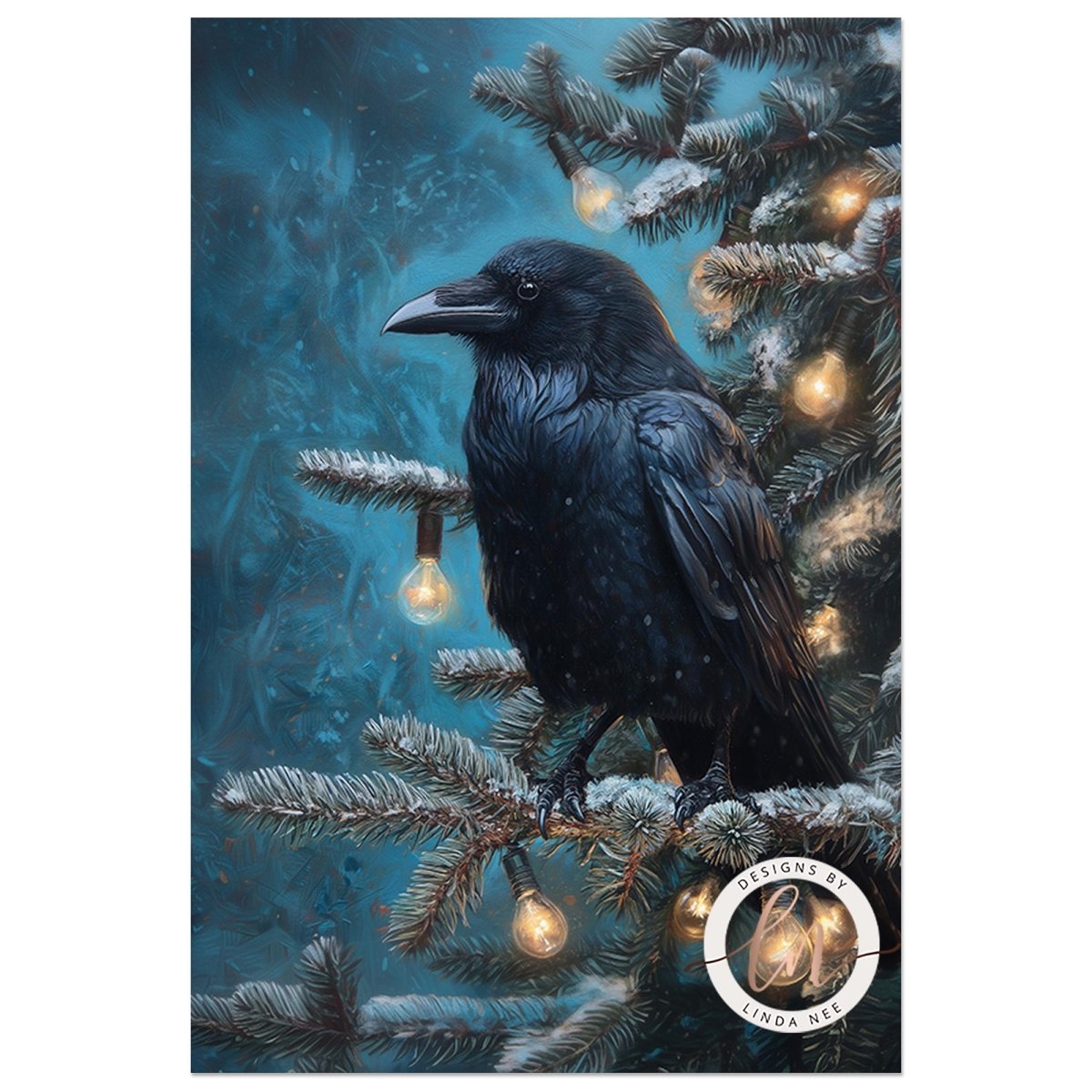 A black crow perched on a branch of a Christmas tree, with lights hanging from the branches.
