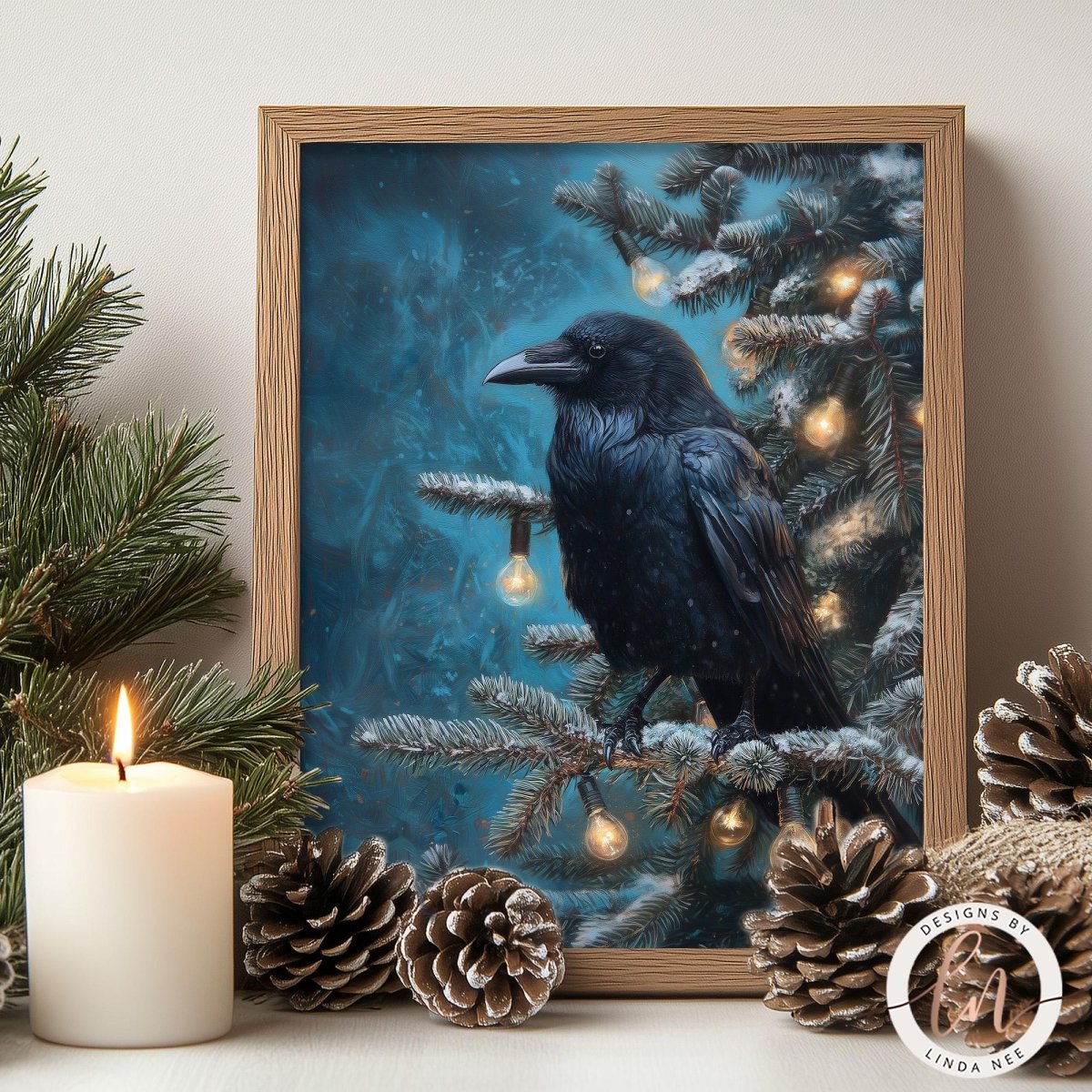 a framed painting of a black crow perched on a snowy branch, surrounded by pine cones and a lit candle.