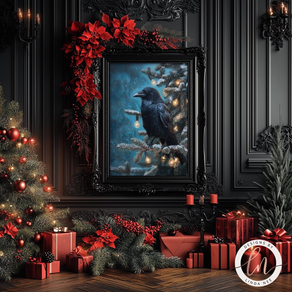 a black bird perched on a branch, surrounded by a festive Christmas scene with red poinsettias, a decorated Christmas tree, and wrapped gifts.