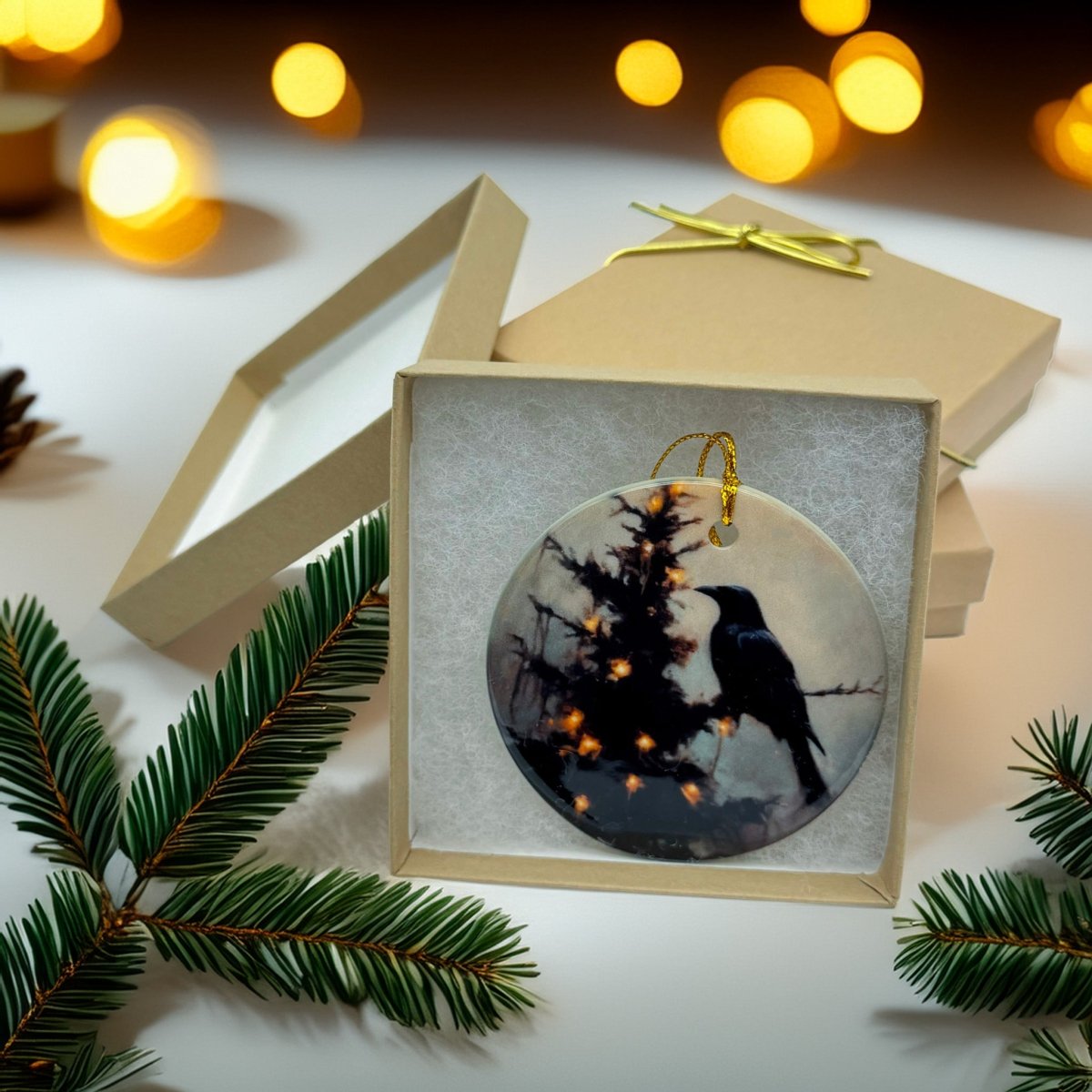Decorative Christmas ornament with a bird silhouette on a tree, surrounded by greenery and lights.