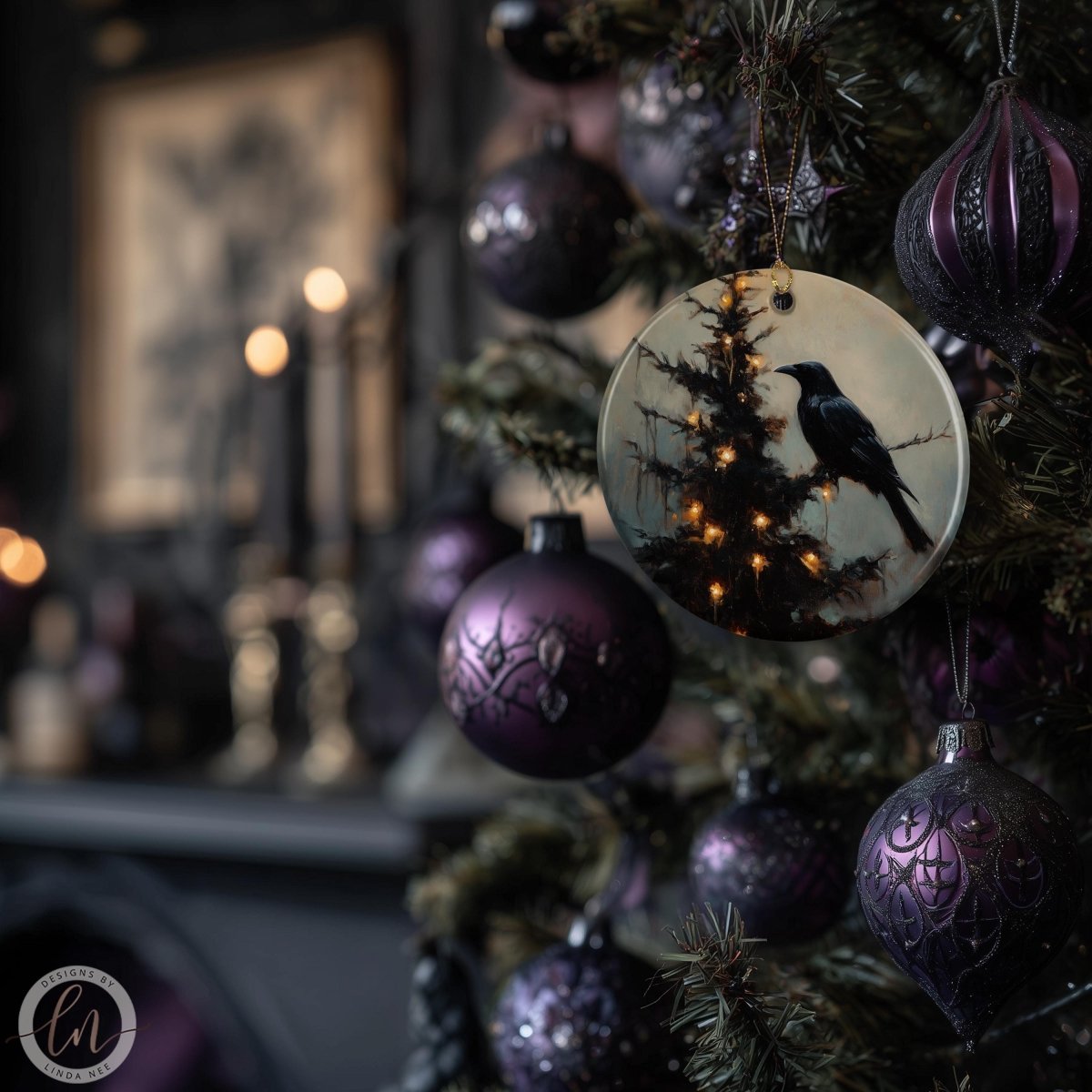 Decorative Christmas tree with purple ornaments and a bird silhouette ornament.