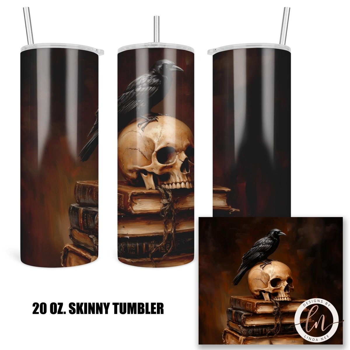 Raven & Skull Tumbler - Dark Academia Book Lover GiftDesigns by Linda Nee